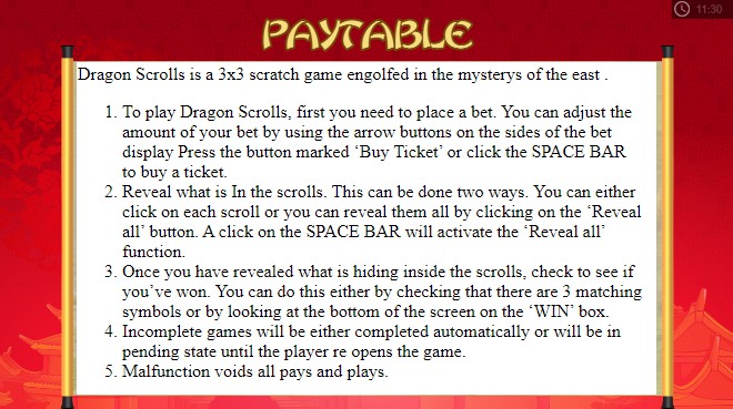 Dragon Scrolls Scratch Card Bonus Feature